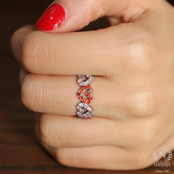 925 Ayar Gümüş Yakut ve Zirkon Taşlı Kalp Tamtur Yüzük - 5