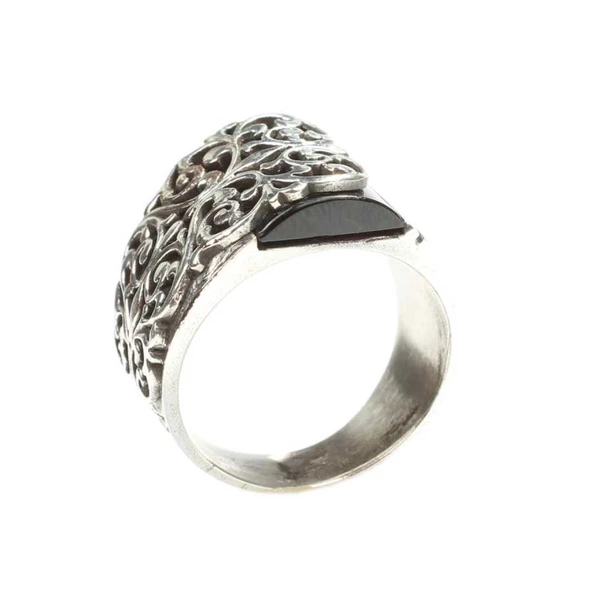 925 Ayar Gümüş  Ajur işlemeli Oniks Taşlı Erkek Yüzüğü - Resim 5