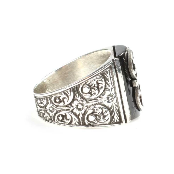 925 Ayar Gümüş  Ajur işlemeli Oniks Taşlı Erkek Yüzüğü - Resim 2