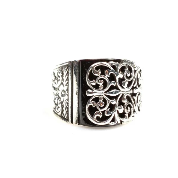 925 Ayar Gümüş  Ajur işlemeli Oniks Taşlı Erkek Yüzüğü - Resim 3