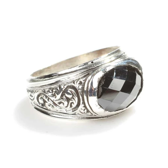 925 Ayar Gümüş Oval Oniks Taşlı Fasetli Erkek Yüzük ürün görseli 1