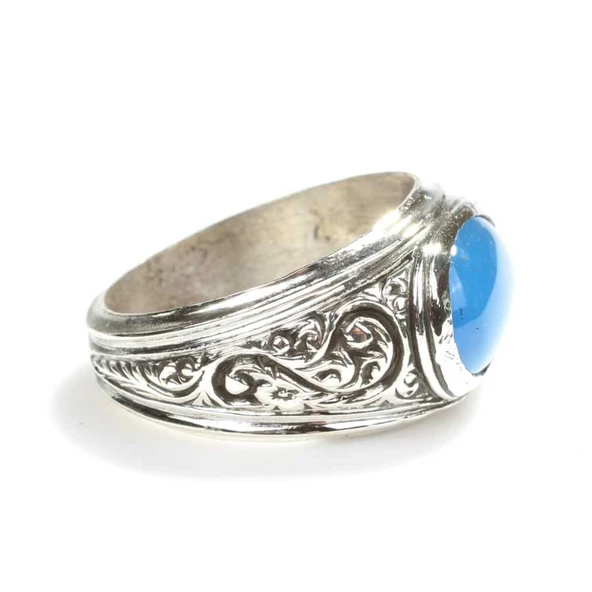 925 Ayar Gümüş Oval Mavi Taşlı Erkek Yüzüğü - Resim 2