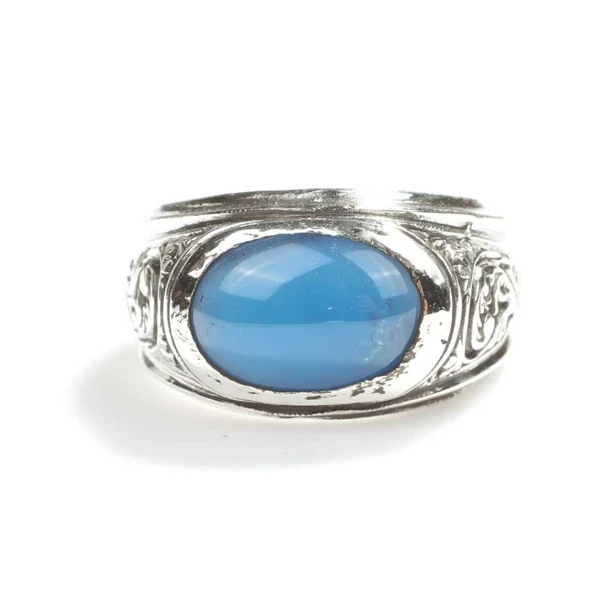 925 Ayar Gümüş Oval Mavi Taşlı Erkek Yüzüğü - Resim 3