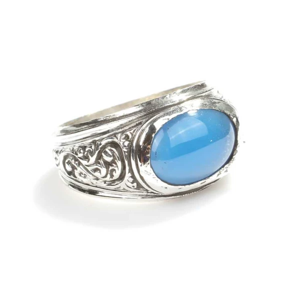 925 Ayar Gümüş Oval Mavi Taşlı Erkek Yüzüğü ürün görseli 1