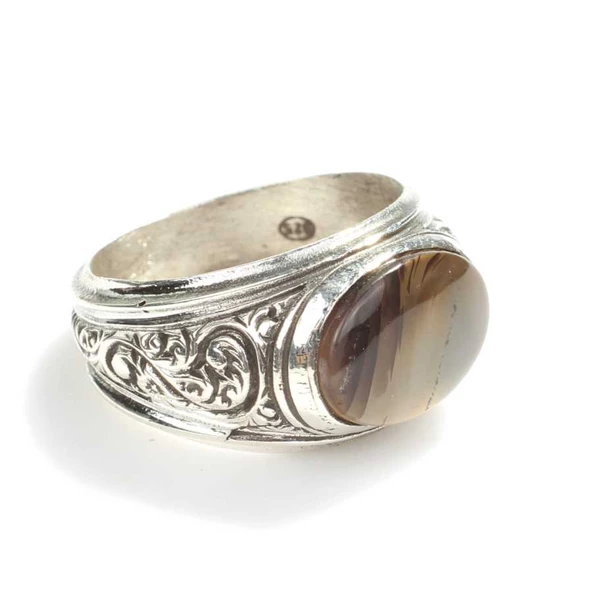 925 Ayar Gümüş Oval Taşlı Mermer Desenli Erkek yüzüğü ürün görseli 1