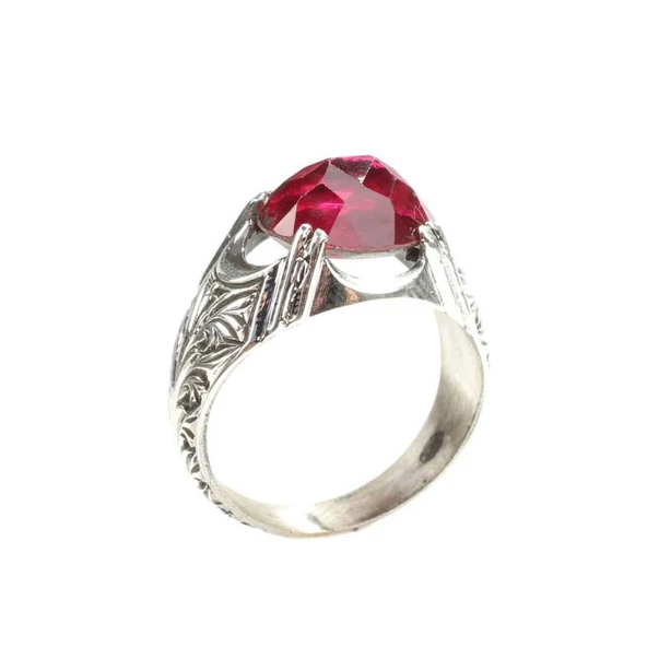 925 Ayar Gümüş Oval Fasetli Sentetik Yakut Yüzük - 4