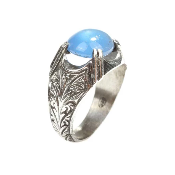 925 Ayar Gümüş Desenli Oval Mavi Taşlı Yüzük - Resim 4