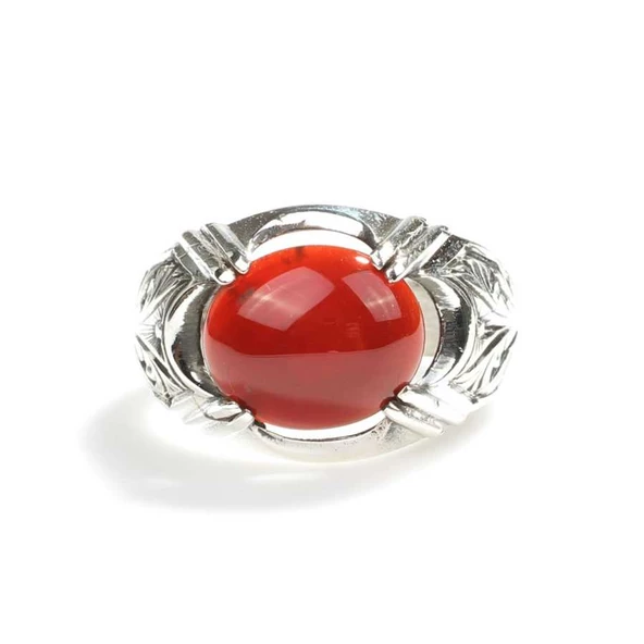 925 Ayar Gümüş Desenli Oval Akik Taşlı Yüzük - Resim 5