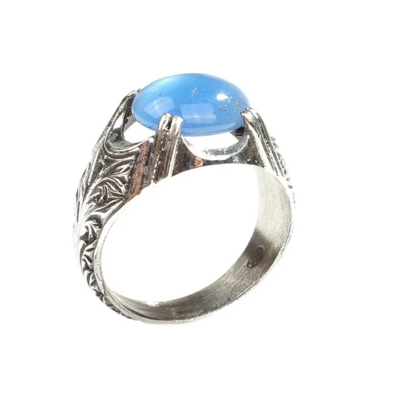 925 Ayar Gümüş Desenli Oval Mavi Taşlı Yüzük - Resim 5