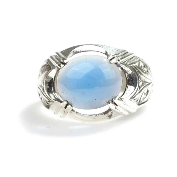 925 Ayar Gümüş Desenli Oval Mavi Taşlı Yüzük - Resim 3