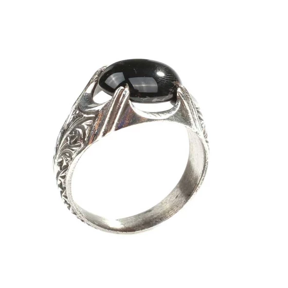 925 Ayar Gümüş Desenli Oval Oniks Taşlı Yüzük - Resim 3