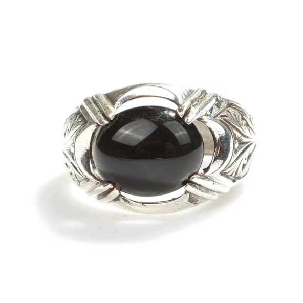 925 Ayar Gümüş Desenli Oval Oniks Taşlı Yüzük - Resim 5