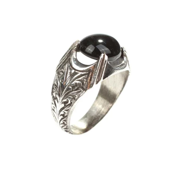 925 Ayar Gümüş Desenli Oval Oniks Taşlı Yüzük - Resim 2