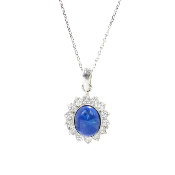 925 Ayar Gümüş Çiçek Tasarım Oval Lapis Taşlı Kolye - Resim 3