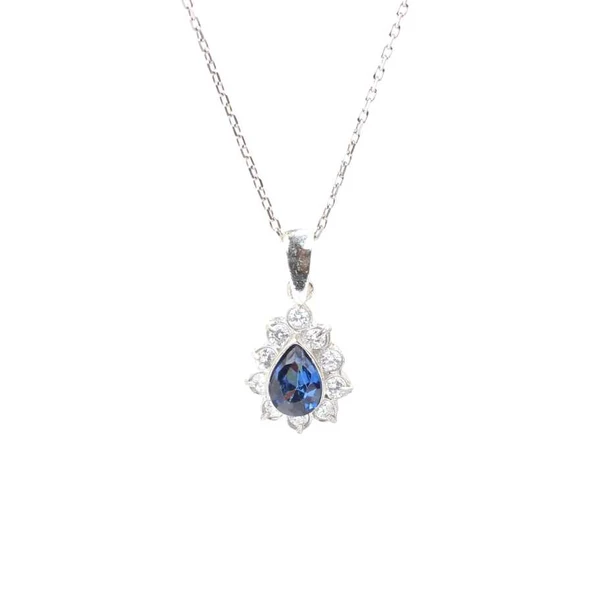 925 Ayar Gümüş Minik Çiçek Tasarım Damla Safir Taşlı Kolye - Resim 2