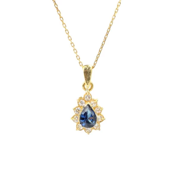 925 Ayar Gümüş Minik Çiçek Tasarım Damla Safir Taşlı Kolye - Resim 3