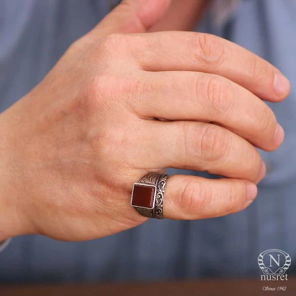 925 Ayar Gümüş Kare Akik Taşlı Sarmaşık Desenli Çiftli Erkek Yüzük - Resim 4