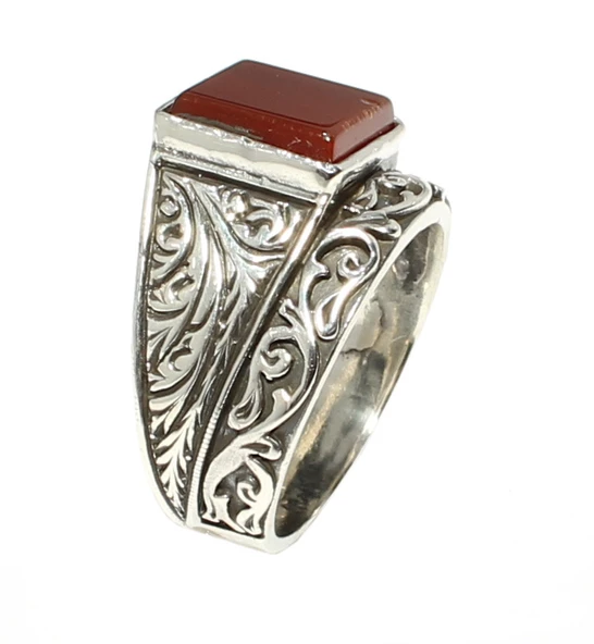 925 Ayar Gümüş Kare Akik Taşlı Sarmaşık Desenli Çiftli Erkek Yüzük - Resim 3