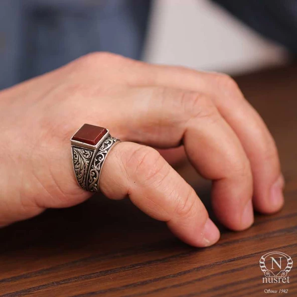 925 Ayar Gümüş Kare Akik Taşlı Sarmaşık Desenli Çiftli Erkek Yüzük - Resim 5