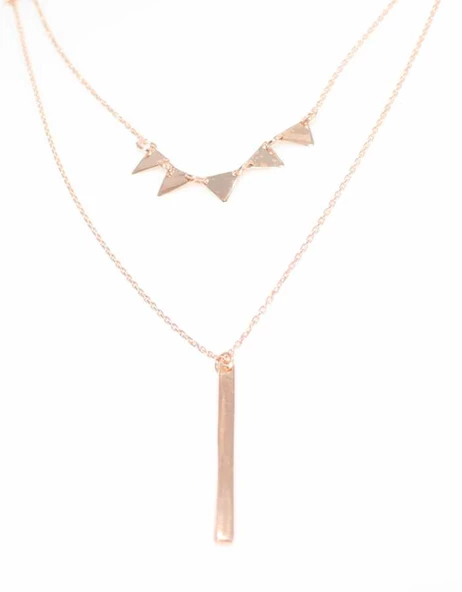 925 Ayar Gümüş  Üçgen ve Plaka 2'li Kolye, Pembe - Resim 5