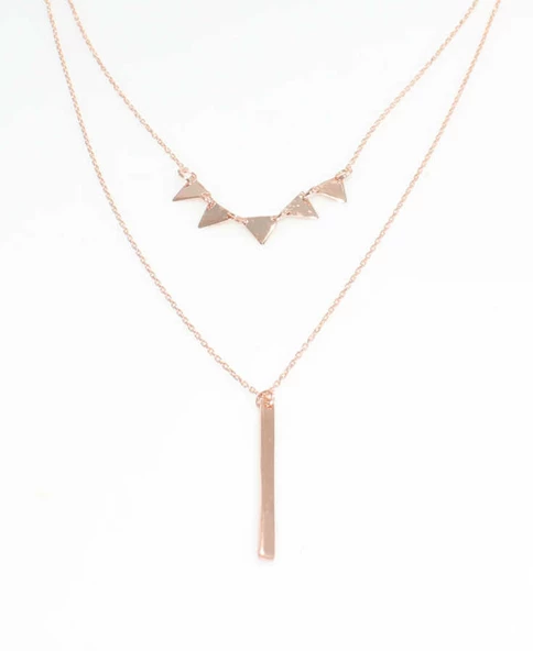 925 Ayar Gümüş  Üçgen ve Plaka 2'li Kolye, Pembe - Resim 3