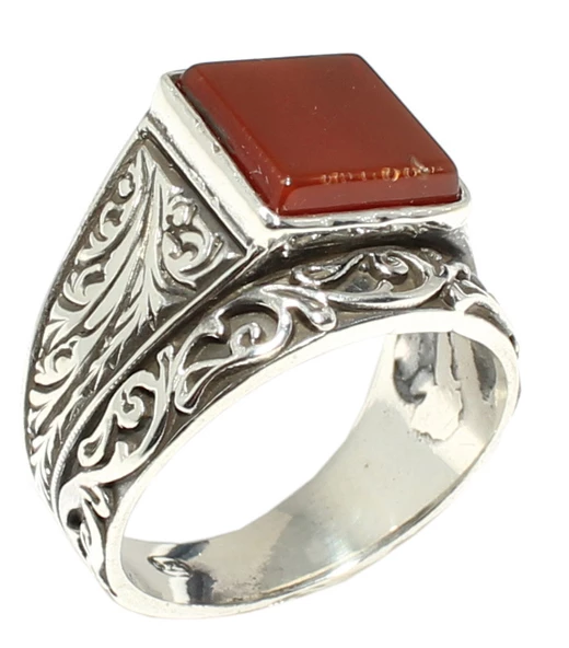 925 Ayar Gümüş Kare Akik Taşlı Sarmaşık Desenli Çiftli Erkek Yüzük - Resim 2