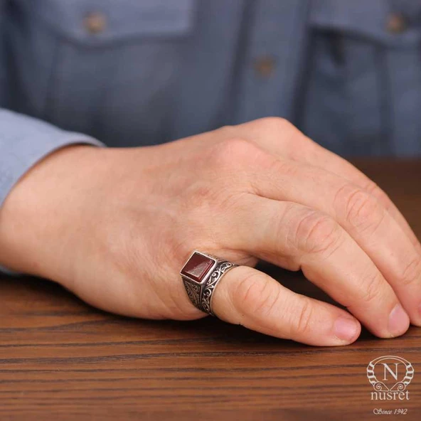 925 Ayar Gümüş Kare Akik Taşlı Sarmaşık Desenli Çiftli Erkek Yüzük ürün görseli 1