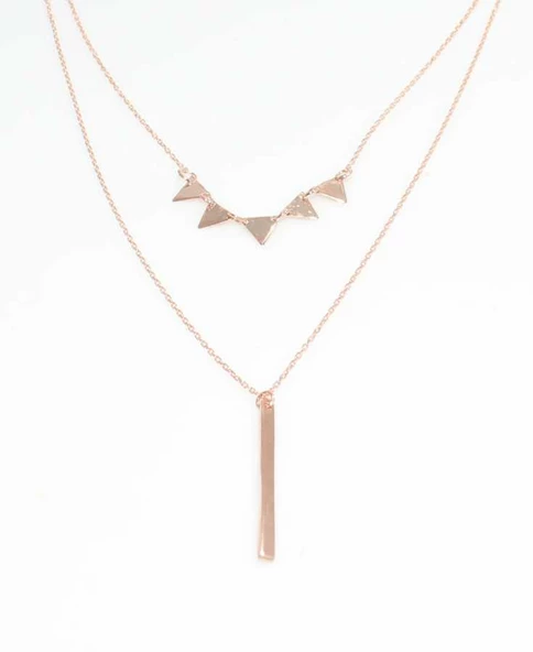 925 Ayar Gümüş  Üçgen ve Plaka 2'li Kolye, Pembe - Resim 4