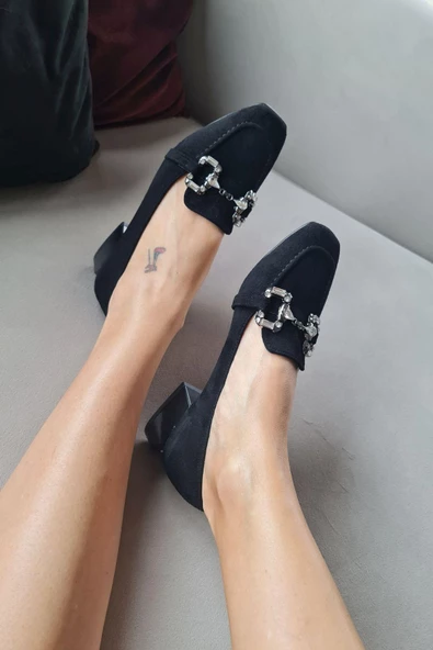 10 1832 Topukla Kadın Loafer Toka Detaylı Deri Makosen Günlük Ayakkabı Siyah - 11