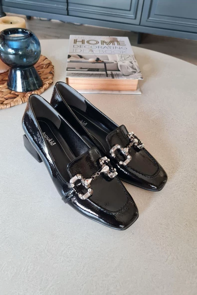 10 1832 Topukla Kadın Loafer Toka Detaylı Deri Makosen Günlük Ayakkabı Siyah - 9