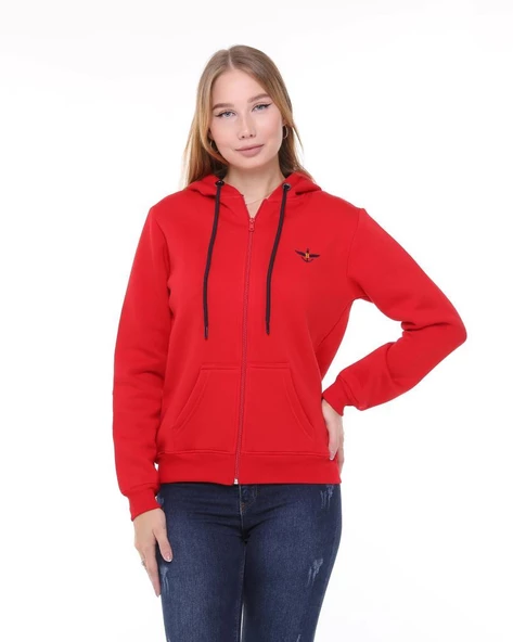 Backpacker Kadın Sweatshirt Kapüşonlu Fermuarlı Kırmızı - 2