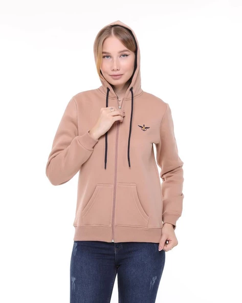 Backpacker Kadın Sweatshirt Kapüşonlu Fermuarlı Bej - 5