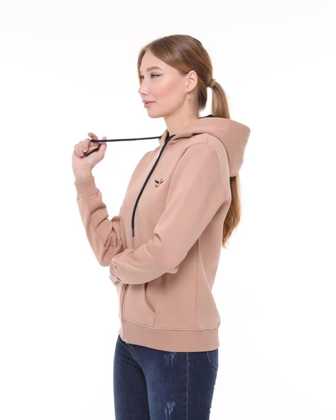 Backpacker Kadın Sweatshirt Kapüşonlu Fermuarlı Bej - 3