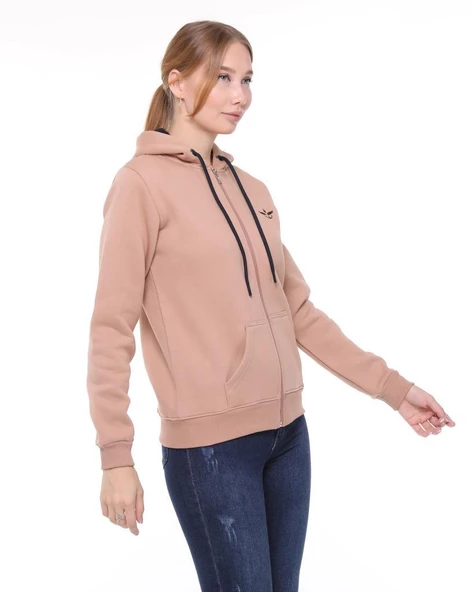 Backpacker Kadın Sweatshirt Kapüşonlu Fermuarlı Bej - 4