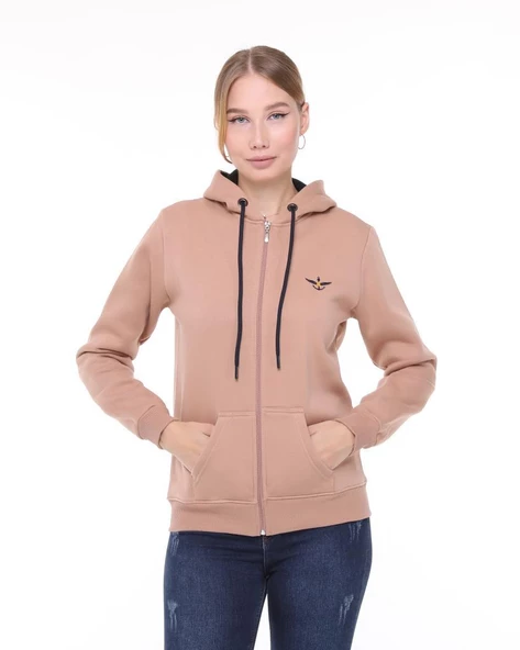 Backpacker Kadın Sweatshirt Kapüşonlu Fermuarlı Bej - 2
