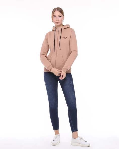 Backpacker Kadın Sweatshirt Kapüşonlu Fermuarlı Bej