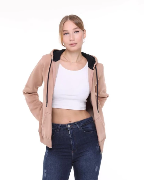 Backpacker Kadın Sweatshirt Kapüşonlu Fermuarlı Bej - 8