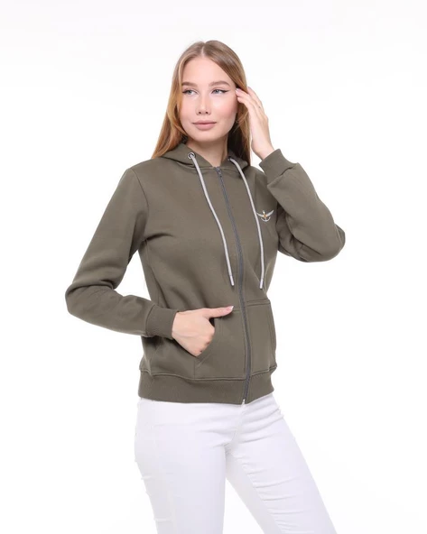 Backpacker Kadın Sweatshirt Kapüşonlu Fermuarlı Haki - 4