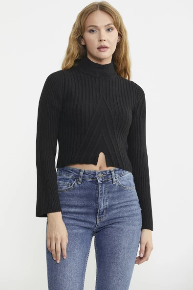 Yarım Balıkçı Crop Triko Kazak - Siyah - Resim 3