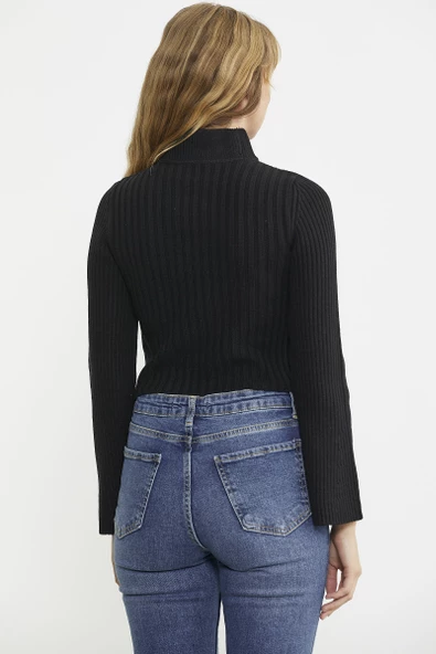 Yarım Balıkçı Crop Triko Kazak - Siyah - Resim 5