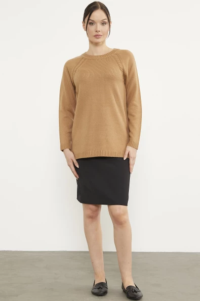 Saç Örgü Detaylı Tunik Triko Kazak - Kamel - Resim 3