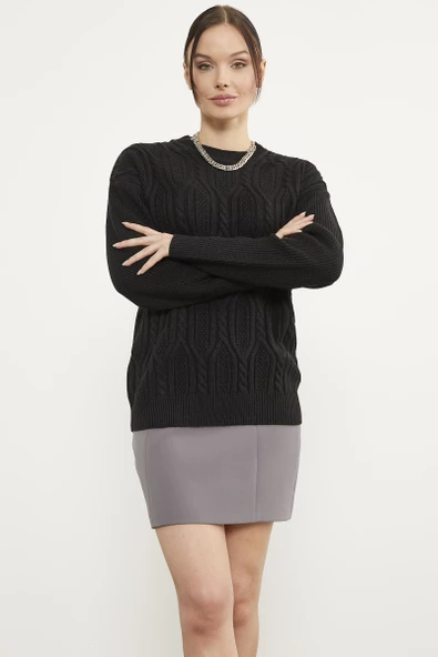 Oversize Kabartma Desenli Triko Kazak - Siyah - Resim 2