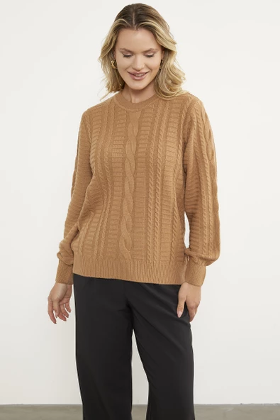 Saç Örgü Sıfır Yaka Triko Kazak - Kamel - Resim 2
