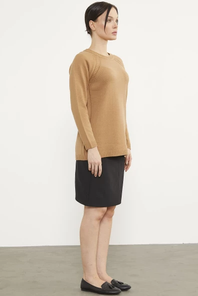 Saç Örgü Detaylı Tunik Triko Kazak - Kamel - Resim 5