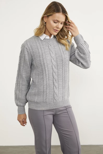 Saç Örgü Sıfır Yaka Triko Kazak - Gri - 4