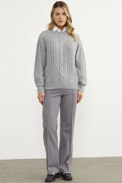 Saç Örgü Sıfır Yaka Triko Kazak - Gri - 3