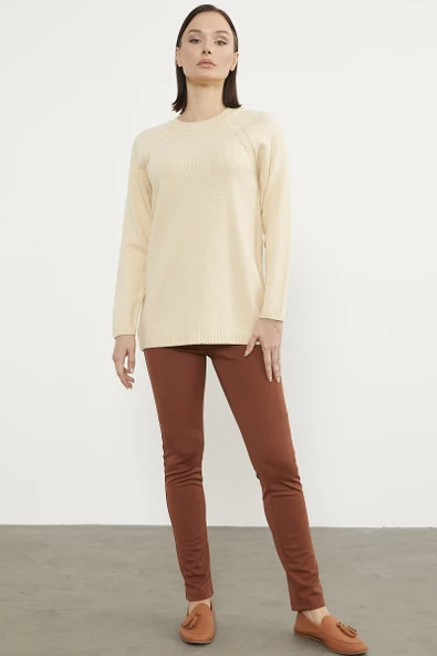 Saç Örgü Detaylı Tunik Triko Kazak - Kemik - Resim 2