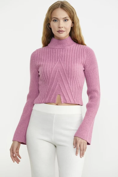 Yarım Balıkçı Crop Triko Kazak - Pembe
