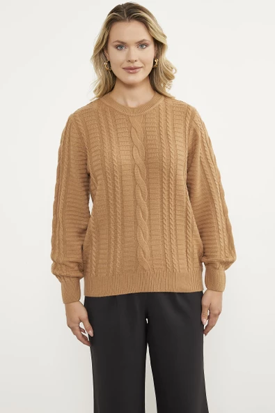 Saç Örgü Sıfır Yaka Triko Kazak - Kamel - Resim 4