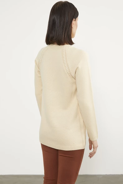 Saç Örgü Detaylı Tunik Triko Kazak - Kemik - Resim 6